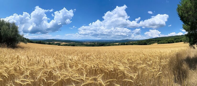 Golden wheat field stretching across the foreground under a vibrant blue sky scattered with fluffy white clouds in a serene natural landscape