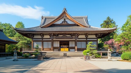 Fototapeta premium Majestic Sunrise Illuminating Intricately Carved Thai Monastery Facade