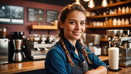 Happy young woman barista in uniform standing at a coffee shop