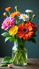 Fototapeta premium Colorful flowers in a glass jar with greenery, still life, flowers, container