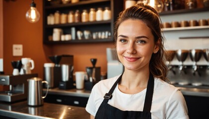 Happy young woman barista in uniform standing at a coffee shop