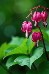 Dainty pink bleeding heart flowers nestled among lush green leaves, bloom, woodland garden