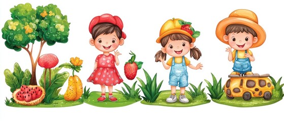 Fototapeta premium Colorful illustration of children in a garden with fruits and playful elements.