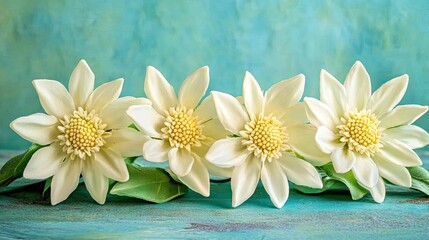 Fototapeta premium Four white flowers, teal background, closeup. Floral arrangement, greeting card