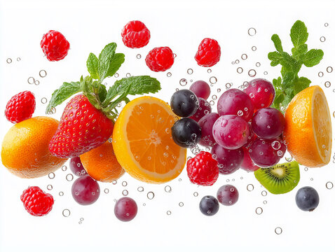 Flying fresh fruits on a white background.
