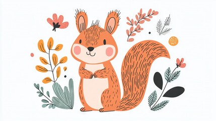   A squirrel surrounded by leaves and flowers on a white background, with a black butterfly in the center of the picture
