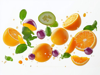 Flying fresh fruits on a white background.