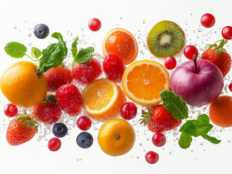Flying fresh fruits on a white background.