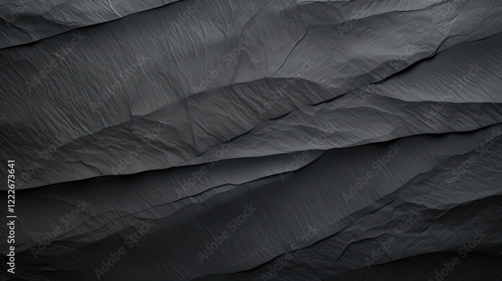 Poster abstract composition of black toner paper with intricate folded texture displaying depth and dimensi