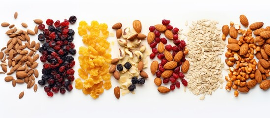 Colorful assortment of nuts fruits and grains arranged in a horizontal line on a white background showcasing healthy snack options for granola bars