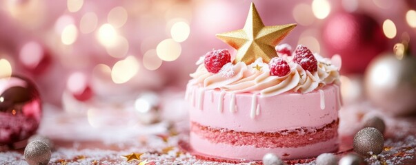 Delicious pink dessert with golden star and festive decorations celebrating a joyful occasion