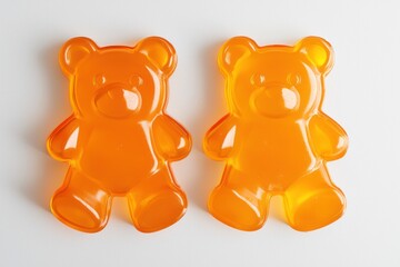 Two orange gummy bear candies on a white background.
