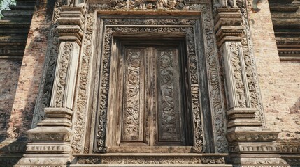 Magnificent Ancient Thai City Gate with Intricately Carved Wooden Door and Ornate Lintel | Cinematic Ultra-Detailed Architecture Photo