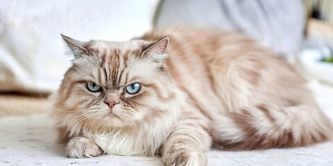Fototapeta premium Disgruntled beige striped, blue-eyed Scottish cat lies with angry look