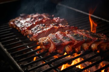 Pork and beef ribs are grilled over an open flame, creating a delicious smoky aroma. The meat caramelizes, resulting in tender, flavorful ribs perfect for any outdoor gathering.