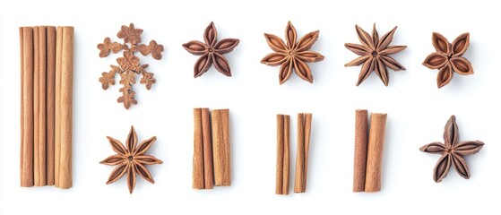 An arrangement of various spices, including cinnamon and star anise, on a white background.