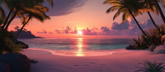 Obraz premium Tropical beach at sunset with vibrant pink and orange sky reflecting on calm sea waves surrounded by lush palm trees creating a tranquil atmosphere