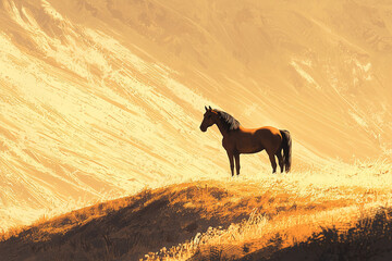 A majestic horse standing on a sunlit hillside, surrounded by golden grass and distant mountains