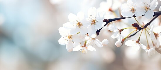 Obraz premium Delicate white blossoms adorned on a slender branch with a soft blurred blue background, capturing the essence of spring's gentle awakening
