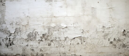 Textured weathered wall with peeling white paint and dark stains, horizontal orientation, featuring shades of grey and soft cream throughout.