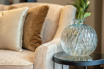 Fototapeta premium Elegant living room setting featuring a plush sofa, decorative pillows, and a stylish glass vase