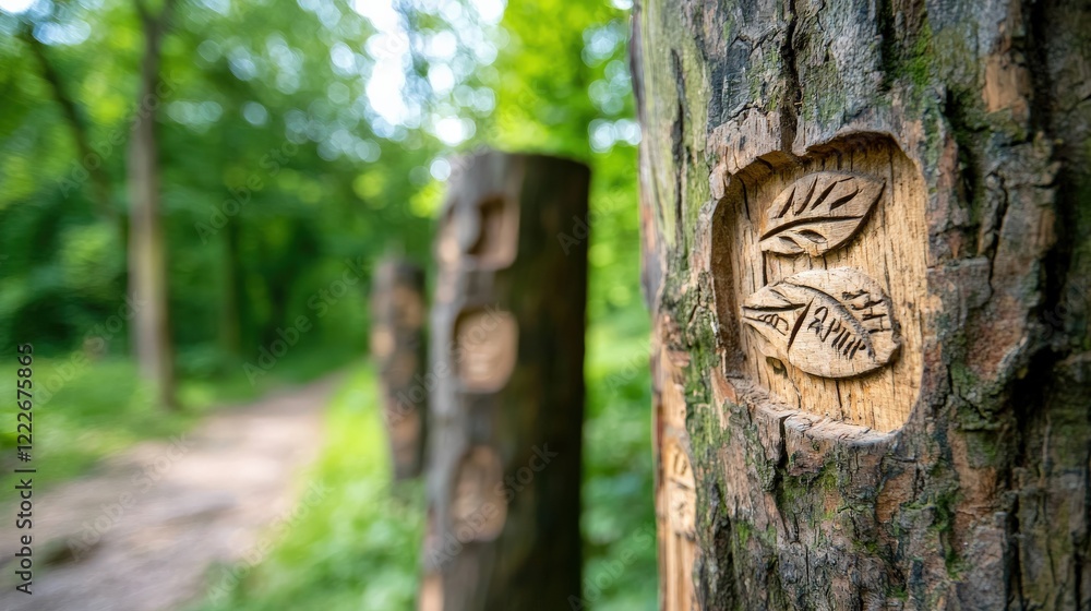 Poster low angle of a tree trunk with visible carvings for conservation messages.