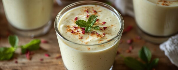 Refreshing mint garnished mango lassi with spices