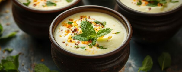Creamy mint chilled soup with spices in rustic bowl