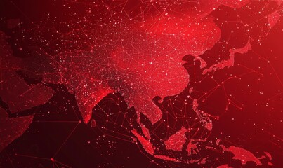 Digital representation of Asia in red tones, symbolizing technology and cyber defense. intricate network design highlights strategic importance of region in global tech dynamics