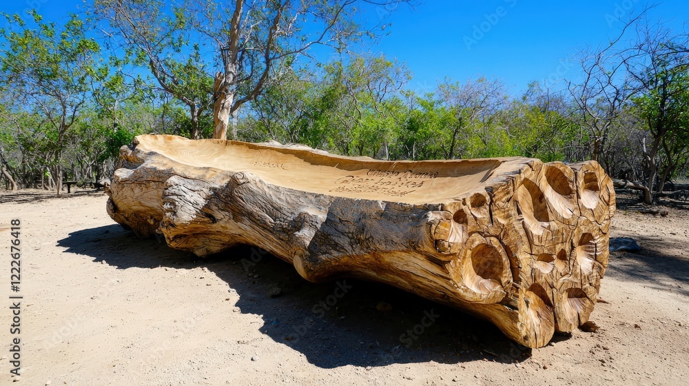 Poster low angle of a tree trunk with visible carvings for conservation messages.