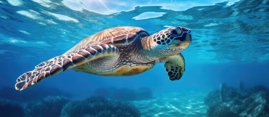 Obraz premium Graceful sea turtle swimming through vibrant blue ocean waters, showcasing intricate shell patterns and surrounded by marine life in a serene underwater scene.