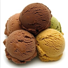 Delicious ice cream scoops, assorted flavors, studio shot, white background, dessert food photography