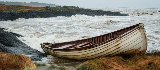 Wooden boat stranded on rocky shore with turbulent gray waves crashing in background, surrounded by wet brown grass and distant overcast sky.