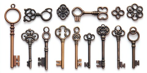 A collection of decorative antique keys in various designs and sizes.