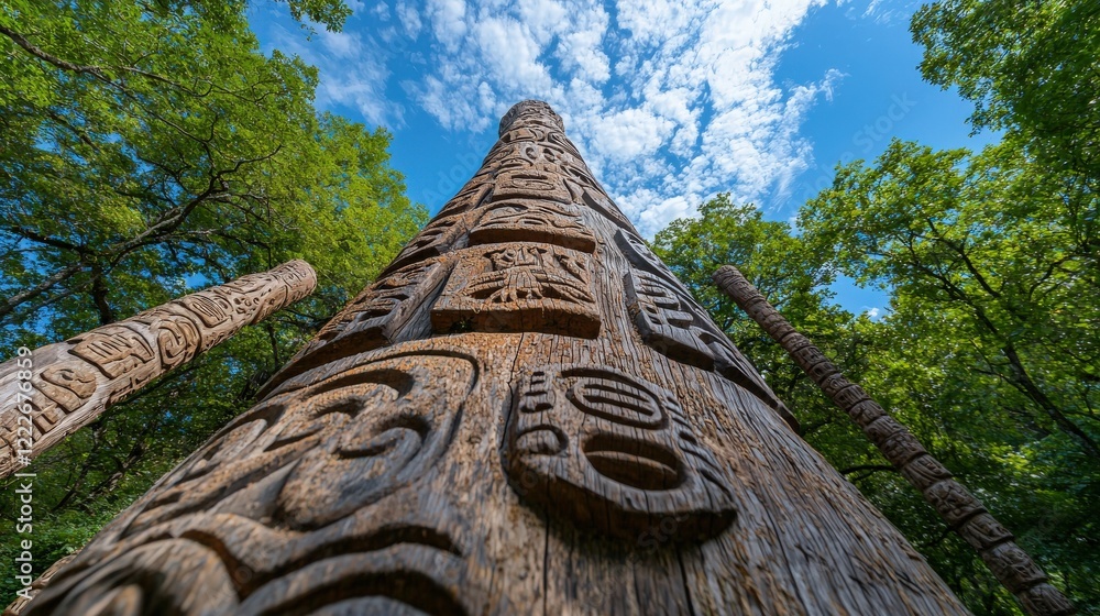 Poster low angle of a tree trunk with visible carvings for conservation messages.
