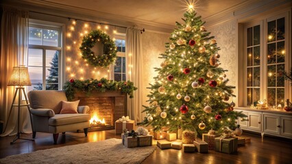 A beautifully lit Christmas tree with twinkling fairy lights and ornaments in a cozy living room, Warm glow, Winter decor