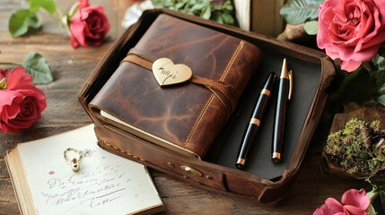 Themed Valentine's box with leather journals, personalized fountain pens, and miniature rose gardens in a delicate arrangement