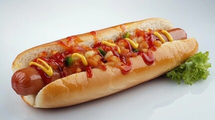 A hot dog in a bun topped with ketchup, mustard, and diced toppings, served with lettuce.