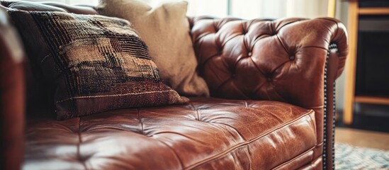 Obraz premium Classic brown leather sofa with tufted design and decorative cushions positioned softly against a light backdrop exuding timeless elegance and comfort