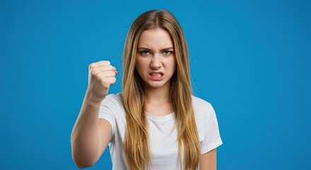 Fototapeta premium Young Woman Expressing Anger with Raised Fist Against Blue Background (Professional studio portrait perfect for emotional psychology articles, conflict resolution materials, behavioral studies)