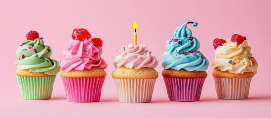 Colorful cupcakes with vibrant frosting and cherries lined up against a playful pink background featuring a lit candle on the second cupcake