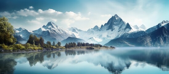 Fototapeta premium Serene mountain lake scene with vibrant blue water reflecting majestic snow-capped peaks under a clear sky surrounded by lush green trees.
