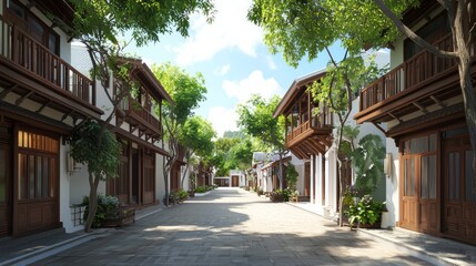 Fototapeta premium Tranquil Fusion of Old and New: Ultra-Detailed Thai Architecture in Historic City Street