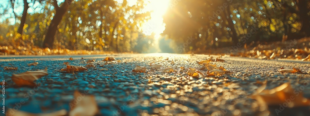 Aufkleber low angle of a tree-lined forest road with sunlight creating natural patterns.