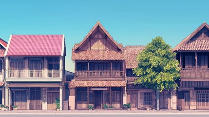 Obraz premium Harmony of Tradition and Modernity: Quaint Wooden Shopfronts among Thai Architectural Wonders
