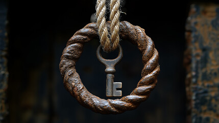 Old rusty key hanging with rope