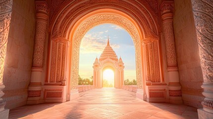 Obraz premium Radiant Saffron Draped Gateway: Thai Architectural Elegance in Midday Sun Cinematic Image