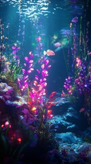 Underwater romance theme, a bouquet of coral-like flowers, shimmering fish, and glowing sea plants, ethereal lighting