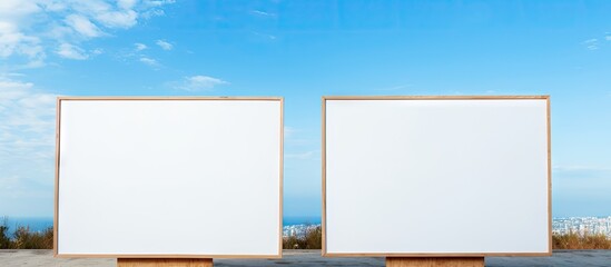 Two empty white boards on wooden stands against a bright blue sky with scattered clouds providing ample copy space for advertising or messaging.