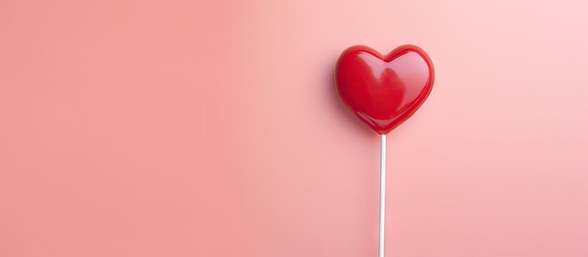 Heart-shaped lollipop in vibrant red against soft pink backdrop with ample space for text, positioned on the right for a romantic vibe